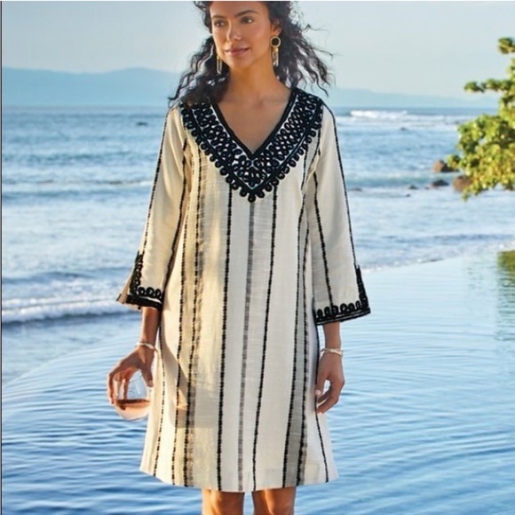 Soft Surroundings Black & Cream Embroidered Coco de Mer V-Neck Kaftan Dress - Picture 1 of 12